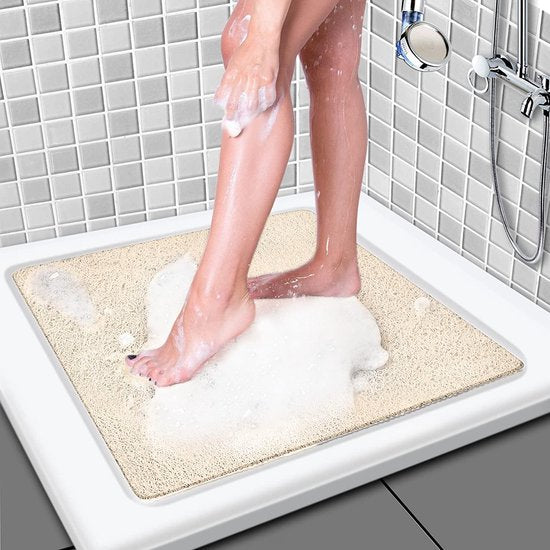 Vierkante antislip douchemat anti-schimmel: 60 x 60 cm badmat, zachte comfortabele pvc-luffa badmat met afvoer voor douche en natte ruimtes, sneldrogend