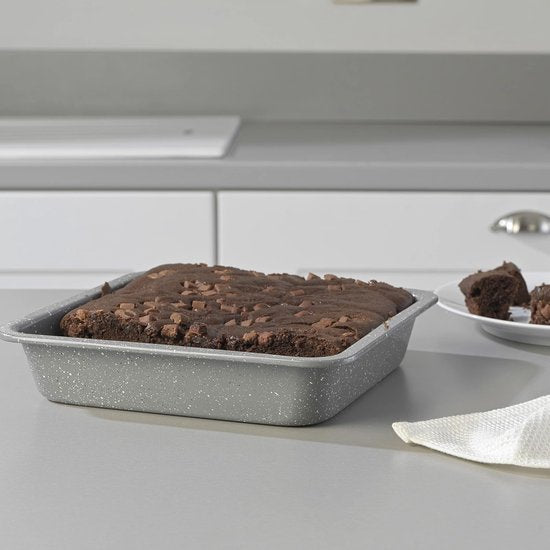 Vierkante cakevorm - 23 cm brownie bakvorm, gemakkelijk schoon te maken antiaanbaklaag, koolstofstalen ovenbak, PFOA-vrije bakplaat, voor cake, lasagne, marmersteen, grijs