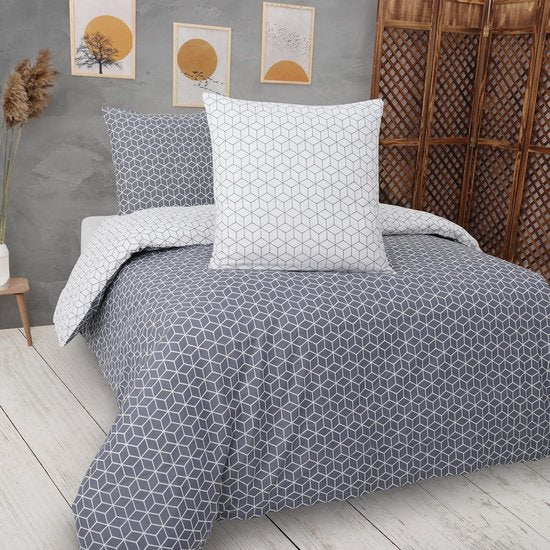 beddengoed 240x220 3-delig grijs - Oeko-TEX 80% katoen & 20% polyester, 1x dekbedovertrek met rits + 2x kussensloop 65x65 met envelopsluiting, puzzelmodel