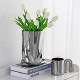 Keramische vaas, moderne bloemenvaas, minimalistische abstracte vaas voor woondecoratie, tafelmiddenvaas voor woonkamer, slaapkamer, eetkamer, bruiloft, feest (zilver, groot)