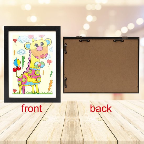 Kinderfotolijst A4, wandmontage, max. 150 vel, kinderkunstwerk, tekening, opbergruimte, zwart