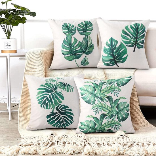 Kussenhoes 40 x 40 cm, set van 4, groene tropische plant, decoratieve bankkussenhoes, zachte kussenhoezen, buitenkussen voor tuinmeubelen (imitatielinnen)