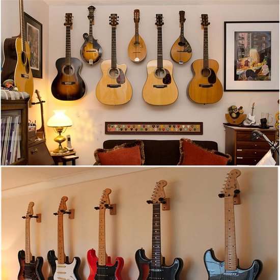 Gitaarhouder voor aan de muur, gitaar muurbevestiging hout, muurbevestiging gitaar, gitaar muurbevestiging voor klassieke gitaar, elektrische gitaar, basgitaar (2 stuks)