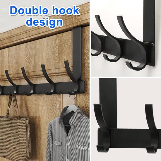 Deurhaken om op te hangen, 10 haken, deurhaken, kledinghaken, deur, zonder boren, deurhaken om op te hangen, zwart, geschikt voor deuren van minder dan 4,5 cm dik