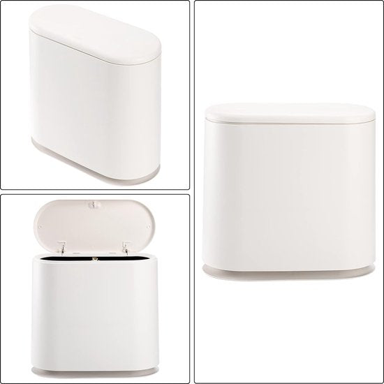 Plastic afvalbak van 2,2 gallon/10 liter met drukdeksel, ovale smalle prullenmand, prullenbak, badkamer, prullenbak voor woonkamer, slaapkamer, keuken, kantoor, gemakkelijk schoon te maken, wit.