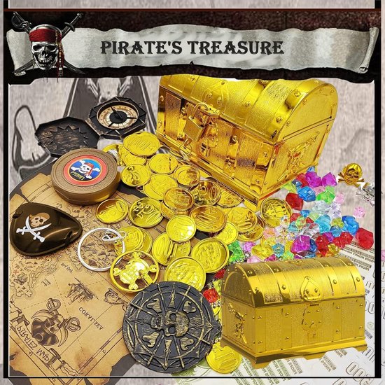 Gouden piratenkist, piratenschatkist, schatkist voor kinderen, kleine schatkist, schatkist met slot, vergulde piratenschatkist, voor verjaardagscadeaus, feestgeschenken, rollenspellen