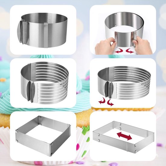 3 stuks taartringen, verstelbare set, bakframe, rechthoekig verstelbaar, taartbodemsnijhulp, taartvormset voor bakken en voor het bereiden van taarten, voor bakken, gelaagde taarten