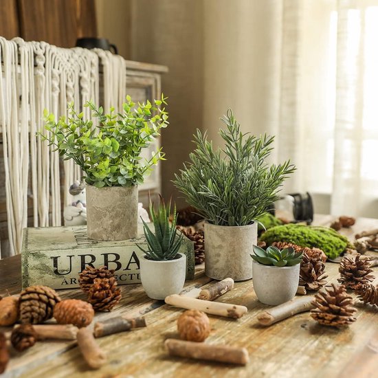 Kunstplanten in potten, 4 stuks, vetplantenplanten, faux eucalyptus, kleine kunstplant, rozemarijn, voor valse vetplanten, thuis, bureau, woonkamer, decoratie