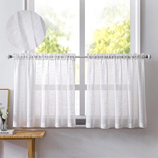 Set van 2 vitrage, halftransparant, bistrogordijnen, wit, raamgordijn, halve keuken, gordijnen, raamgordijn voor kleine ramen, keuken, woonkamer, landhuis (wit, 60 x 45 cm (b x h)