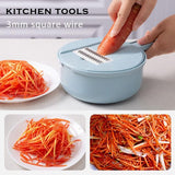 Groentesnijder, groenteschaaf, ui, hakmolen, komkommerschaaf, groentensnijder, rasp, groenrasp met houder, 5 messen, instelbaar, blauw