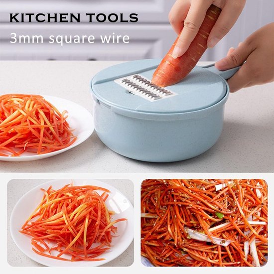 Groentesnijder, groenteschaaf, ui, hakmolen, komkommerschaaf, groentensnijder, rasp, groenrasp met houder, 5 messen, instelbaar, blauw