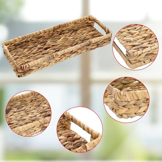 Geweven tablet van waterhyacint, zeegras met handgrepen, bruin waterdichte rechthoekige opbergmand in badkamer, slaapkamer, toiletafdekking als decoratie, cadeau, 43 x 16 x 5 cm