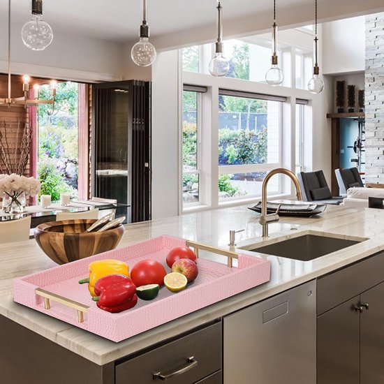 Dienblad van PU-leer, modern, elegant, rechthoekig, decoratief dienblad met metalen handvat, grote capaciteit, lederen serveerplaat voor eten, dranken, sieraden, sleutels, woonkamer, keuken, ijdelheid (krokodil, roze)