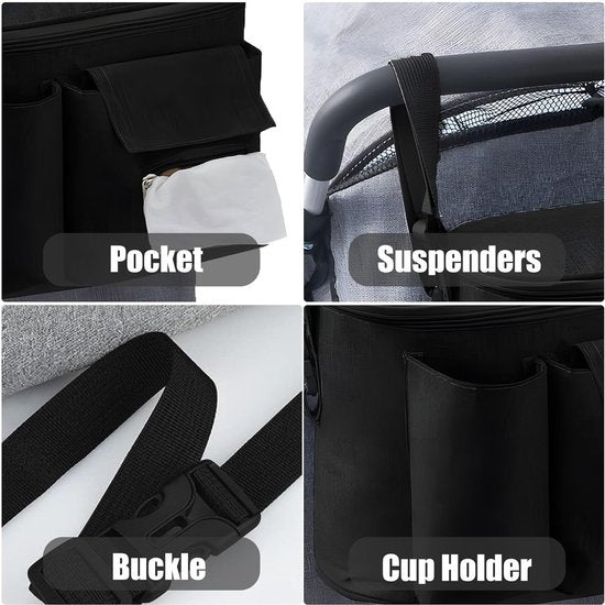 Organizer met bekerhouder/dispenser voor natte doekjes, kinderwagentas, buggy-organizertassen met ritsvak, schouderbanden, reistassen voor luiers, doekjes, mobiele telefoons, zwart