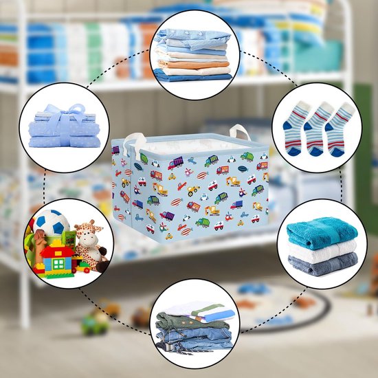 Blauw voertuig, vrachtwagen, jongens, kubus, opbergmand voor babykamer, graafmachine, auto, waterdicht, rechthoekig, stof, plankmanden, kleding, speelgoed, kinderopbergdoos, 36 x 26 x 23 cm