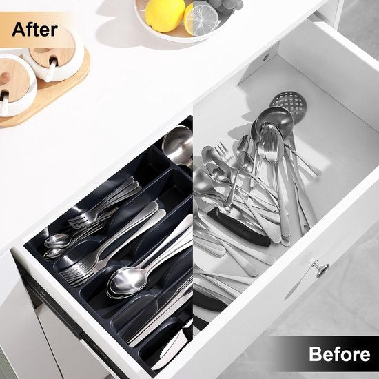 Bestekbak met 6 vakken voor laden, kunststof bestekbak, BPA-vrij en lade-organizer met matte afwerking voor bestek in de keuken, eetkamer, slaapkamer, zwart