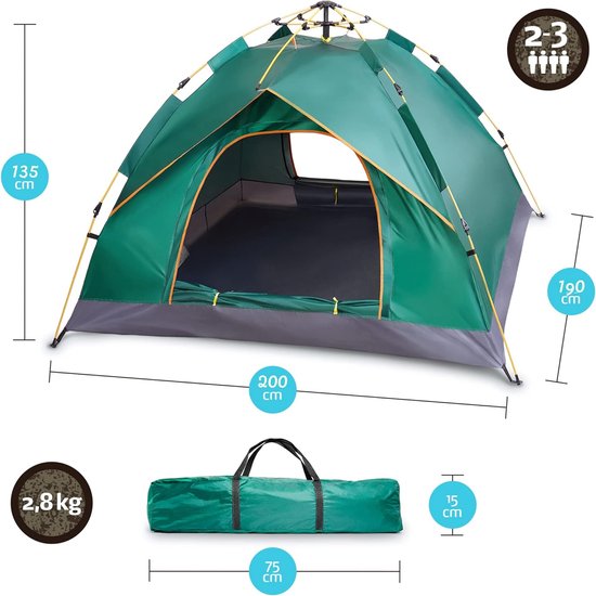 Campingtent voor 2-3 personen, pop-uptent met snelle opbouw, automatisch voor festivals, camping, tenten en dergelijke, opbouw, in 60 seconden