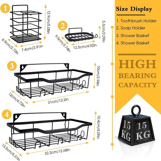 Doucheplank gezoneerde boringen, set van 4, zwart, met zeewering en bevestiginghouder, roestvrij staal, gezoneerde boringen, voor badkamer en keuken