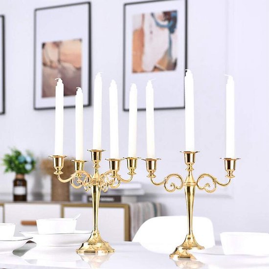 Kandelaar 5-armige kaarsenstandaard kaarsenhouder als tafeldecoratie voor Kerstmis en Thanksgiving (goud)