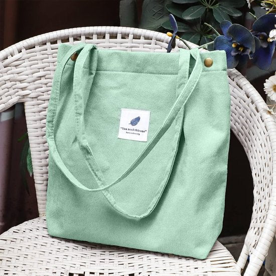 Women's Corduroy Shoulder Bag, Large Corduroy Bag, Casual Tote Handbag, Fashion Fabric Bag for Everyday, Office, School Trip and Shopping, Mint green, Modern