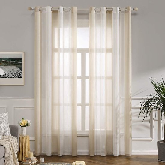 Gordijnen, transparant, voile met inslagringen voor woon- en slaapkamer, set van 2 stuks, 140 x 225 cm, wit met beige
