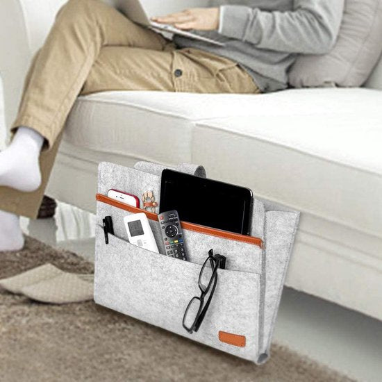 vilten bedcaddy organizer om op te hangen, nachtkastje, tas, bankbed, dik vilt met kabelsgaten, antislip, voor boek, tijdschriften, iPad, mobiele telefoon, afstandsbediening (grijs)