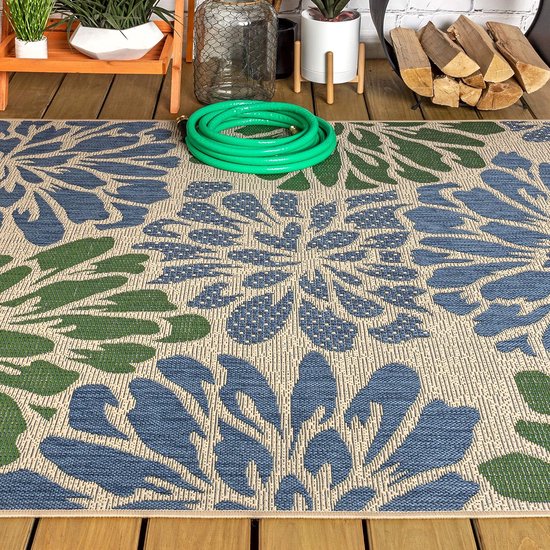 Modern bloemenvlechtwerk tapijt Bohemian Coastal, onderhoudsvriendelijk, slaapkamer, keuken, tuin, terras, niet pluizig, 120 cm x 180 cm, marine/groen