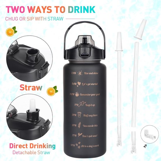 Drinkfles, 3 stuks, 2 l, 700 ml, 300 ml, lekvrij, 2 liter drinkfles met rietje, BPA-vrij, sportfles met tijdmarkering voor fiets, fitness, wandelen, outdoor