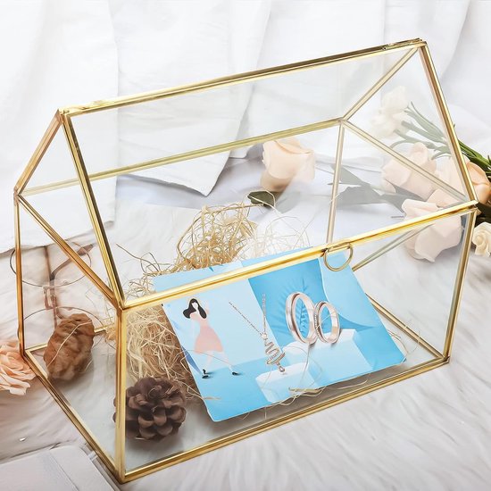 Glazen bruiloftskaartenbox, 25 cm, handgemaakte gouden terrarium, glazen doos voor bruiloften, recepties, tafeldecoratie, cadeau