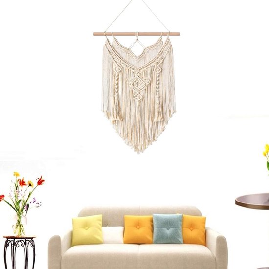 Macramé wandbehang boho deco geweven wanddecoratie wandtapijt Boheems tapijt geweven huisdecoratie chic woondecoratie geschenken appartement slaapzaal kamerdecoratie (White-Vlong)