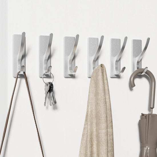Zelfklevende haken, extra sterk, houdt tot 6 kg, metalen deurhaken, handdoekhaken, roestvrij, zelfklevende haken, douchehaken zonder boren, zilver, 6 stuks