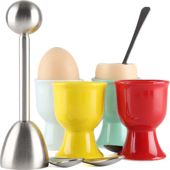 Eierdopjes voor zachtgekookte eieren Egg Cracker Topper Set bevat 4 keramische eierdopjes 4 lepels 1 eiersnijder voor keukengereedschap