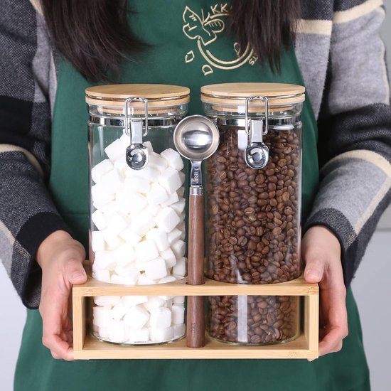 Glazen container met deksel, luchtdichte beugelsluiting, voorraadpotten, borosilicaatglas, voorraaddozen voor koffie, bonen, suiker, muesli, noten, koekjes, bewaren, 1500 ml, 2 stuks bamboe rek en lepel