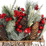 Decoratief bloemstuk Kerstmis - kleine winterse tafelversiering in schors pot met rode bessen, decoratieve sneeuw, kegels - leuke tafeldecoratie voor de adventstijd (1 stuk - 25 cm - rode
