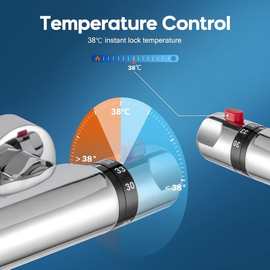 Douchekraan thermostaatdouche-accu, douchethermostaat, mengkraan voor douche, badkamer, chroom, douchemengkraan, thermostaat met 38 graden veiligheidsknop, messing douchethermostaat