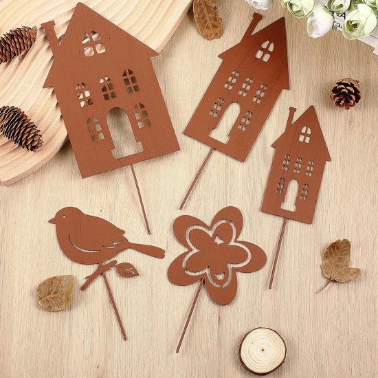 5 stuks roestige tuin decoratie set roestige huizen tuin staken tuinhuizen tuin staken metalen decoratieve plug huis voor het aansluiten in roest look voor tuin patio balkon