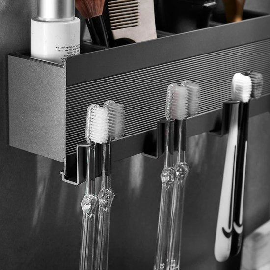 Tandenborstelhouder voor badkamer Zwarte kamer Aluminium 4 sleuven Tandenborstelhouder Hoekopbergdoos Geen boren Automatische installatie - Zelfklevend