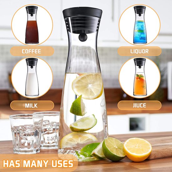 Glazen karaf, 1200 ml, glazen karaf, met deksel en tuit, waterkaraf, ijsthee kan sap, voor zelfgemaakte dranken, ijsthee, melk, koffie, wijn