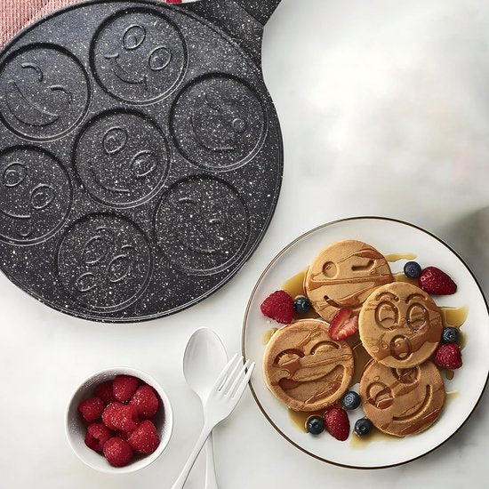 Pannenkoekenpan, 7 grappige kindermotieven, patroon, smiley, 26 cm, anti-aanbakpan voor pannenkoeken, pannenkoekenpan en eieren, zwart, kleur