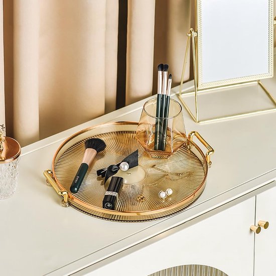 Rond dienblad met handgrepen van acryl, gouden decoratief dienblad voor salontafel, hartstuk, keuken, grote koffie-thee-dienblad, make-up, kandelaar, organizer (ernsteen)