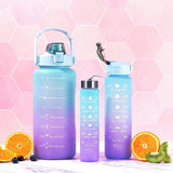 Drinkfles, 3 stuks, 2 l, 900 ml + 500 ml, met rietje, motivatie, tijdmarkering, lekvrij voor sport, outdoor, kantoor, fitness, camping, yoga, BPA-vrij, blauw/paars kleurverloop