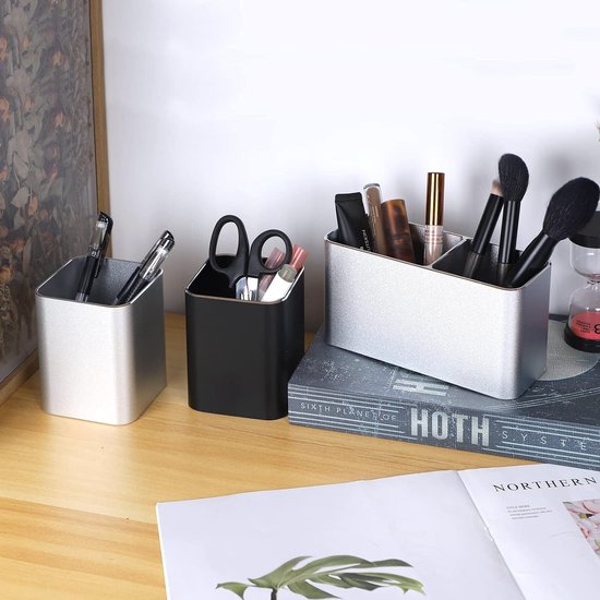 Pennenhouder bureau zilver metaal, bureau-organizer aluminium, cosmetica-penseelhouder, pennenkoker voor kantoor, kinderen, rechthoekig