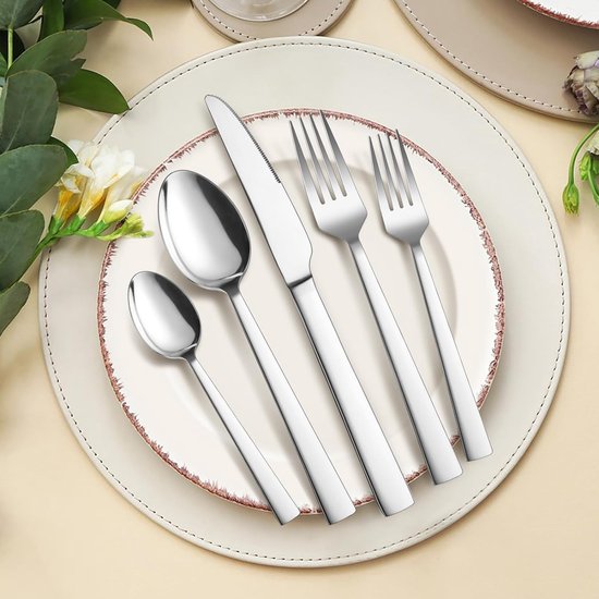 Bestekset voor 12 personen, gepolijst roestvrij staal, 60-delig, elegant bestek met mes, vork, lepel, tafelbestek voor thuis, keuken, restaurant, gezond, vaatwasmachinebestendig