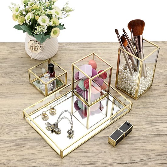 Sieradendoos, 4 stuks, van metaal, glas, scuktborden met 3 sieradenhouders, sieradenhouder, bureau-organizer, make-upkwastenhouder voor sieraden van dames, ring, sieraden bewaren (rechthoekig)