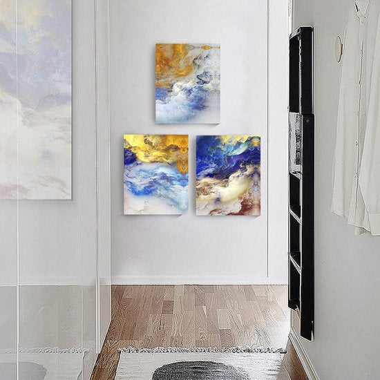 Abstracte afbeeldingen op canvas, met blauwe en gouden wolkenmist, Scandinavische afbeelding van muurkunst, moderne kunstdrukken als decoratieve wandafbeeldingen voor de woonkamer, slaapkamer, keuken, eetkamer en badkamer.