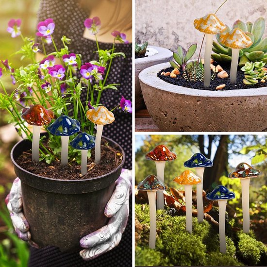 Kleurrijke tuinpaddenstoelen, Fairy Garden paddenstoel keramiek [4 kleuren 6 stuks] tuinpotten decoratie keramiek ornament voor DIY Dollhouse Potting Shed Bloempot Planten Standbeeld (6 stuks)