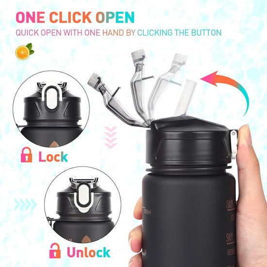 Drinkfles, 3 stuks, 2 l, 700 ml, 300 ml, lekvrij, 2 liter drinkfles met rietje, BPA-vrij, sportfles met tijdmarkering voor fiets, fitness, wandelen, outdoor