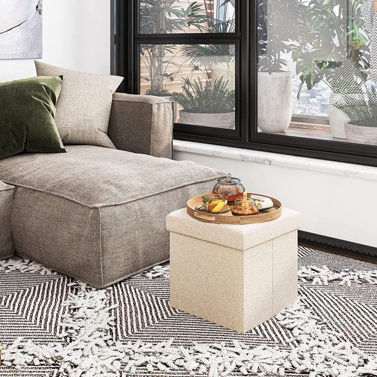 Kruk met opbergruimte, poef, kruk, opbergdoos, zitblok, inklapbaar, zitbank, gestoffeerd, zitkist, bank, ottoman fabric bekleding, stoel voor hal, kantoor, make-uptafel, eohnkamer, slaapkamer, beige