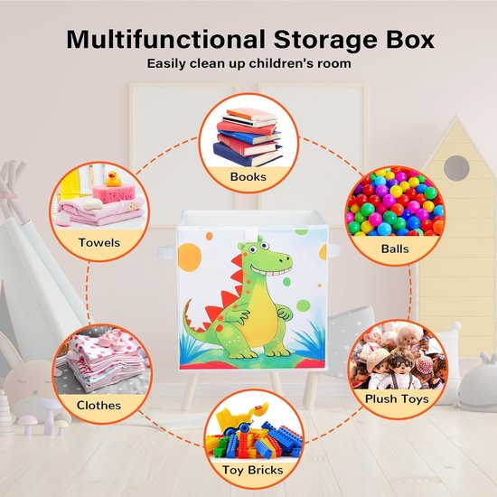 Opbergdoos voor kinderen, groot, 4 stuks, opvouwbare Oxford-speelgoedkist met handvat voor jongens en meisjes, lichte speelgoedorganisatoren en opslag in de kinderkamer, 32 x 32 x 32 cm (dinosaurus)