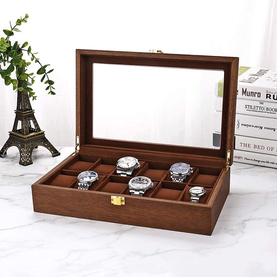 Houten horlogebox voor 12 horloges, houten horlogekast, met glazen venster, cadeau voor heren en dames